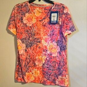 REEL LEGENDS REEL-FRESH Pink And Lavender Floral Short Sleeve V-NECK SIZE L